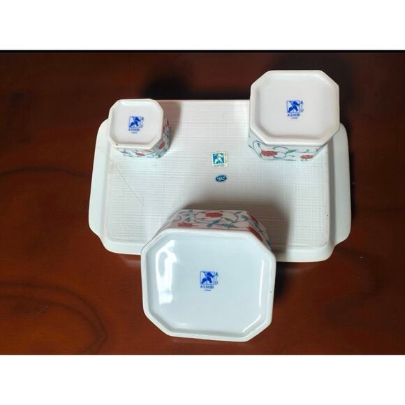 Ashibi Japan Porcelain Box Set with Tray –Red & Blue Floral, 3 Lidded Containers - Picture 3 of 6